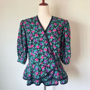 Chic Floral Wrap Blouse - Black and Pink